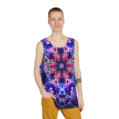 Close-up of the Flow State print detail on the men's tank top fabric.