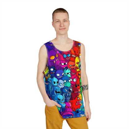 Close-up of the print detail on a 'What Dreams May Come' men's tank top.