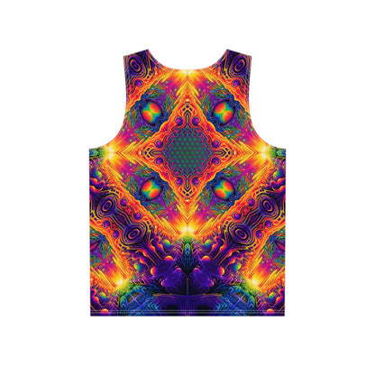Close-up of the sacred geometry print detail on the DMsTar men's tank top fabric.
