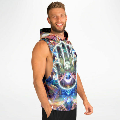 Model wearing the “Divine Protection” sleeveless hoodie from the side, showing the drop armhole cut.