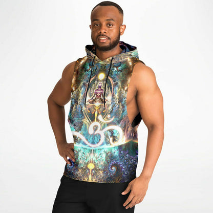 A second model wearing the “Density 432” sleeveless hoodie from the side, showing the drop armhole cut.