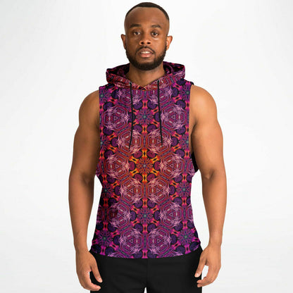 A second model wearing the “Forged In Neon” sleeveless hoodie, front view, showing the fit and drape.