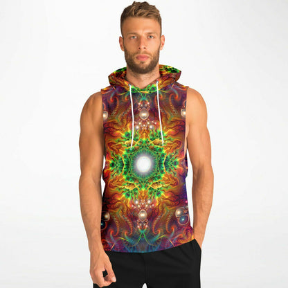 A model wearing "Photonic" sleeveless hoodie, viewed from the front.