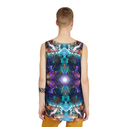 Corner detail of the Source of Creativity V2 men's tank top print.