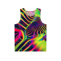 Front view of the Psychedelic Tracers V2 men's tank top with a swirling trippy print across the chest.