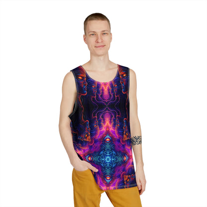 Angled view of a men's tank top featuring The Watchers design.