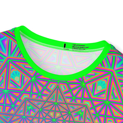 Corner detail of the "Flower of Tron" all-over print on the men's sport tee.