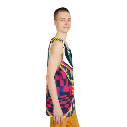 Corner detail of the All Seeing Checkers men's tank top hem.
