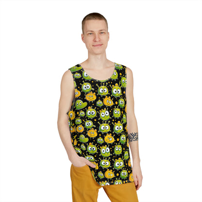 Angled view of the 'Don't Feed After Midnight' men's tank top highlighting the print colors.