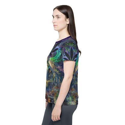 Overhead view of the "Heightened Stroll" print women's sport tee laid flat.