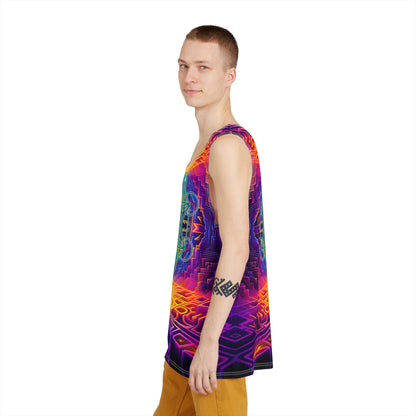 Close-up of the neckline and seam on the Focused Thought men's tank top.