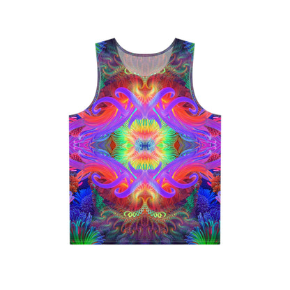 Flat lay of the Anemone men's tank top showing the full print design.