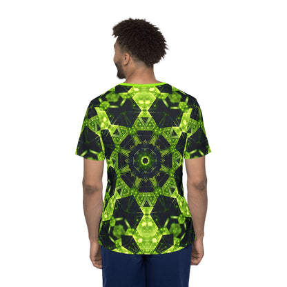 'Geocomb' sport tee for men, corner view showing the hem and seam.