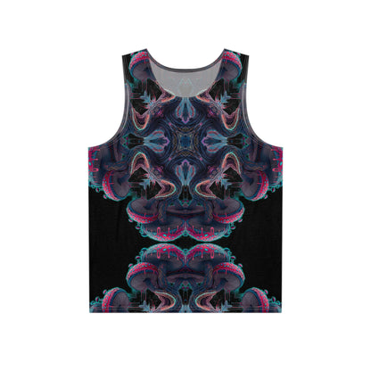 Flat lay of the Mushroom Tree Mandala men's tank top showing the full psychedelic print.