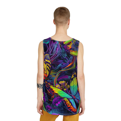 Angled view of the Psychedelic Butterfly men's tank top on a plain background.