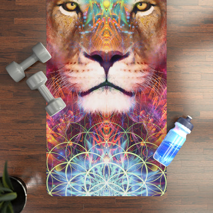 Genesis yoga mat on a wood floor beside dumbbells and a water bottle, showing the lower half of the psychedelic lion print.