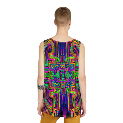 Angled view of the 'Borg Rave' men's tank top, showing the fit and drape of the fabric.