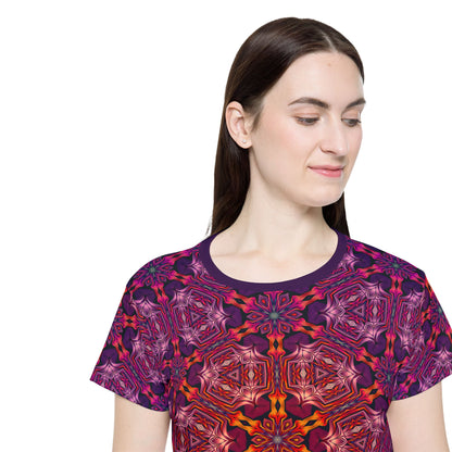 Side angle of the "Forged In Neon" women's sport tee highlighting the print pattern.