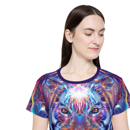Women's sport tee in the Empurrress psychedelic cat all-over print design, laid flat.