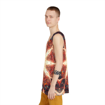 Full view of the 'Muladhara' psychedelic print across this men's tank top.