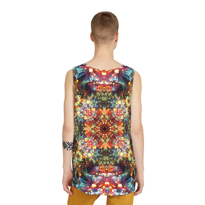Angled view of the Kaleidobloom men's tank top showing the fabric and print.