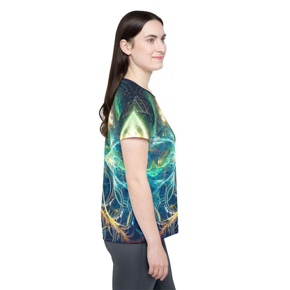 Detail shot of the Blossom design on the women's sport tee