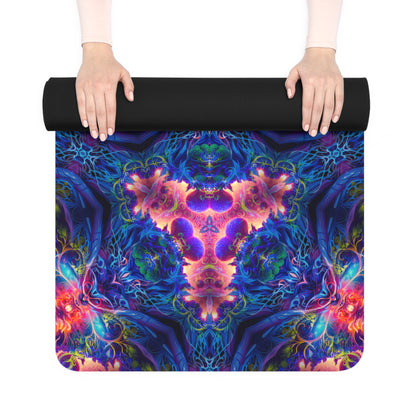 The Sacred Circle yoga mat with an edge-to-edge mandala print, suede top facing up.