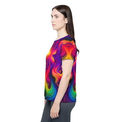 Folded Cosmic Currents women's sport tee showing the fabric texture.