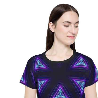 Folded Dark Prism sport tee showing the collar and print detail.