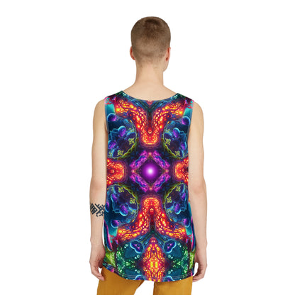 Mycoria men's tank top shown on a model at an angle.