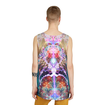 Angled view of the Primordial Soup men's tank top on a plain background.