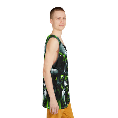 Model wearing the Only 50% Schizophrenic men's tank top with the trippy print visible.