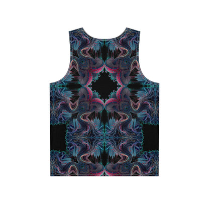 Close-up of the Tunnel Vision mushroom tree mandala print on a men's tank top.