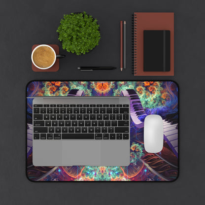 Magnus Opum desk mat under a laptop and coffee mug on a desk