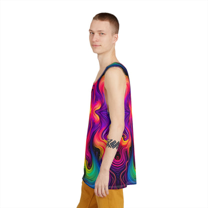 Cosmic Currents men's tank top folded flat, showing the full flow design.