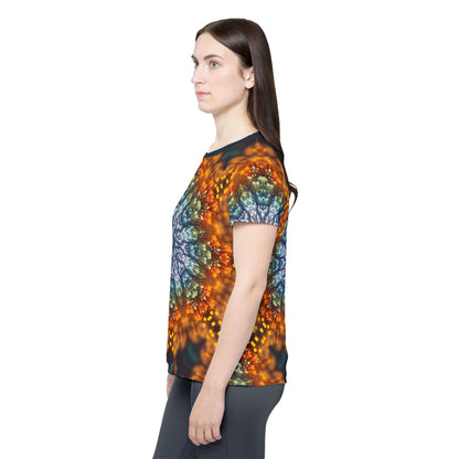 Flat lay of the women's sport tee showing the Fractal Flower Mandala V2 print.