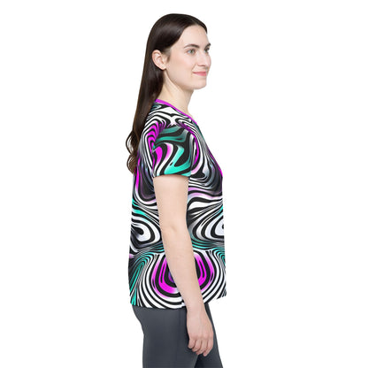Side view of the Can't Catch This women's sport tee on a flat surface.
