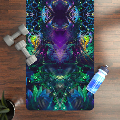 Awakened yoga mat on a wood floor styled with dumbbells, a water bottle and a small potted plant.