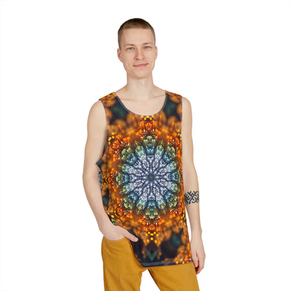 Angled view of the Fractal Flower Mandala V2 men's tank top on a hanger.