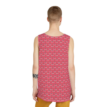 Overhead view of the Rainbows and Lightning Pink men's tank top on a flat surface.