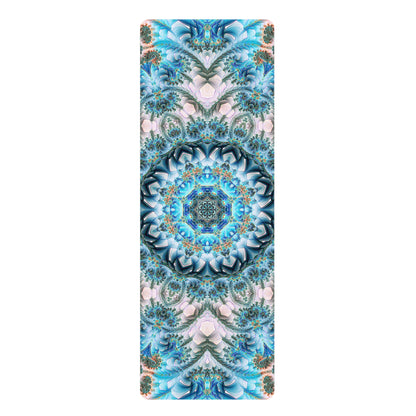 Return to Purity yoga mat laid flat on a white background, showing the full blue and white mandala print.