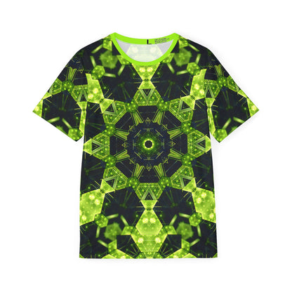 'Geocomb' all-over-print sport tee for men, front view laid flat.