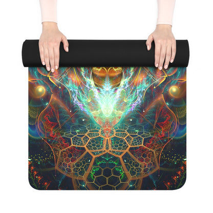 The To Bee or Not to Bee yoga mat unrolled on a hardwood floor.