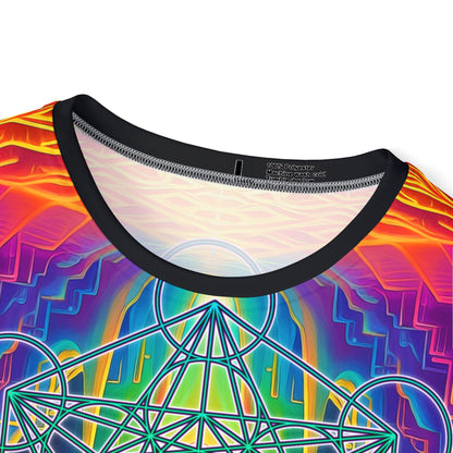 Angled view of the men's sport tee highlighting the "Focused Thought" design colors.