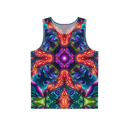 Mycoria men's tank top shown from the front, full print view.