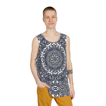 Close up of the Wildcat Mandala print detail on the white tank top fabric.