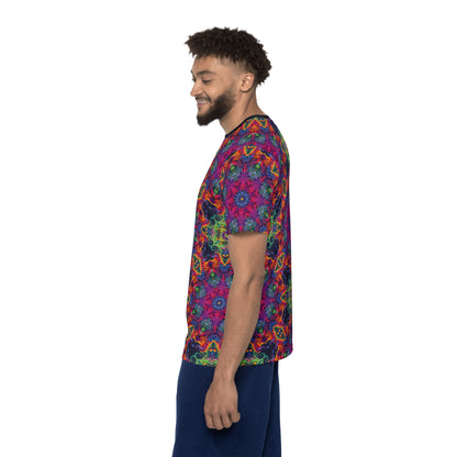 Men's sport tee in the Lucid Dream design, worn by a model, back view.