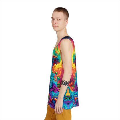 Side view of the Fruits of the Void men's tank top on a model.