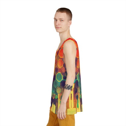 Model wearing the Honeycombed men's tank top outdoors.