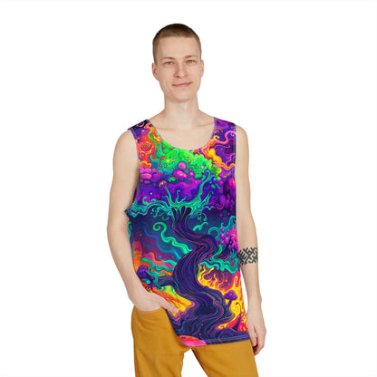 Close-up of the mushroom print detail on the Mush Tree So Color tank top.